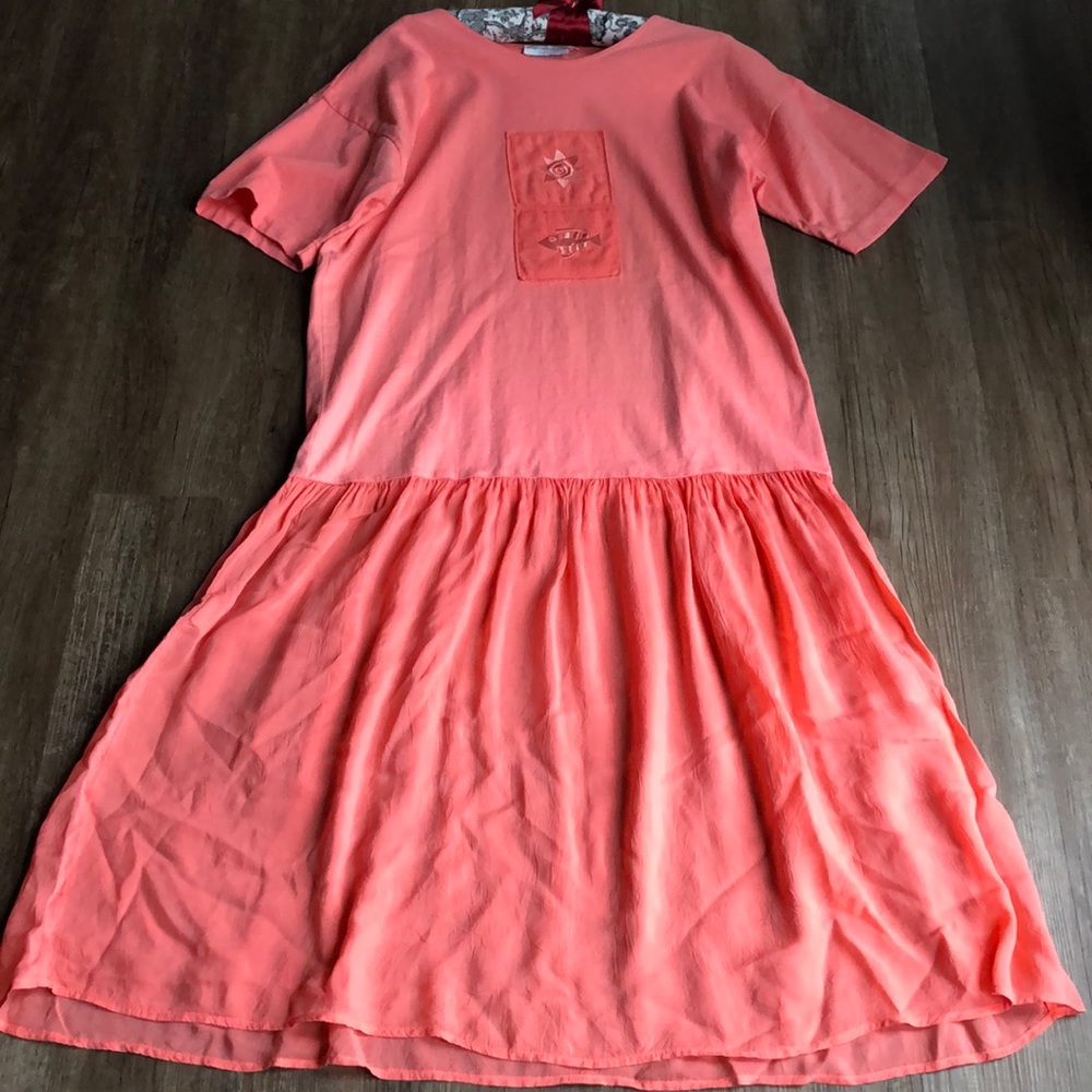 Lew Magram midi dress in coral color.
